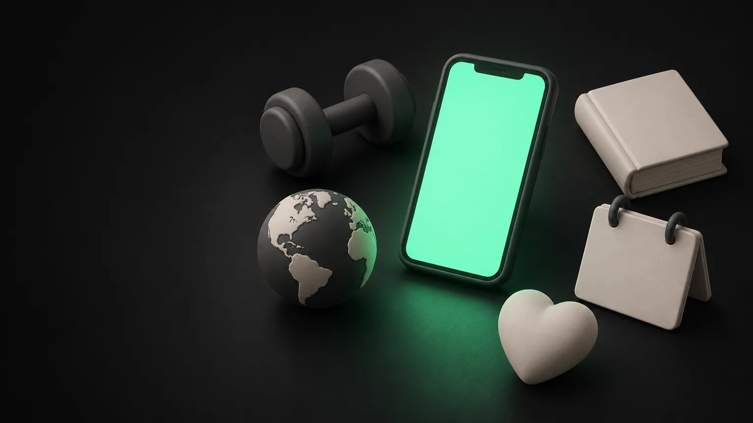 Une couronne de petits objets, un haltère, un livre, un calendrier, un globe et un cœur, autour d'un téléphone qui brille en vert.