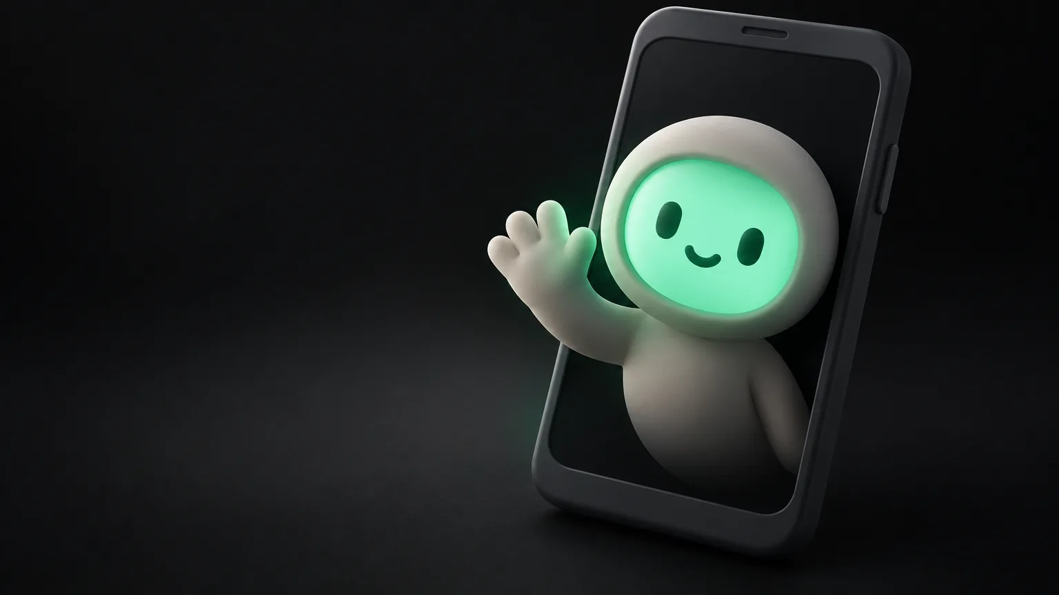 Eine weiche, runde Figur mit leuchtend grünem Gesicht winkt aus einem Smartphone-Display.