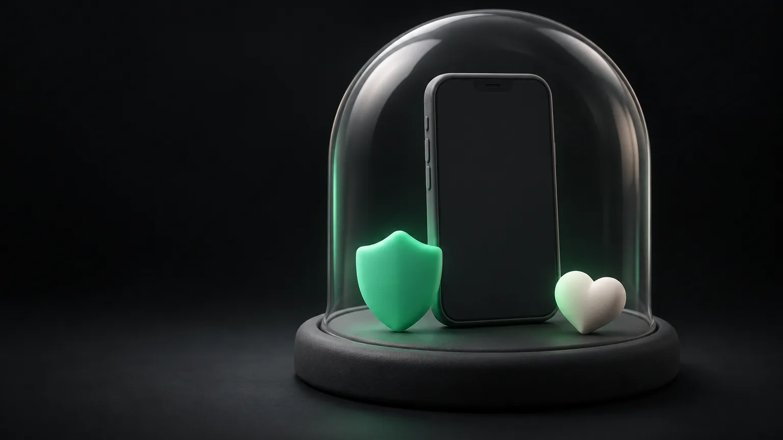 Un telefono sotto una cupola protettiva trasparente, con dentro un piccolo scudo verde a forma di cuore.