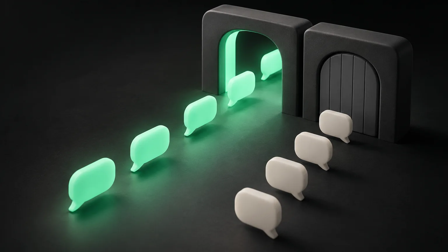 Dos carriles de burbujas de chat redondeadas que se acercan a una puerta minimalista; un carril pasa con un brillo verde y el otro se detiene.