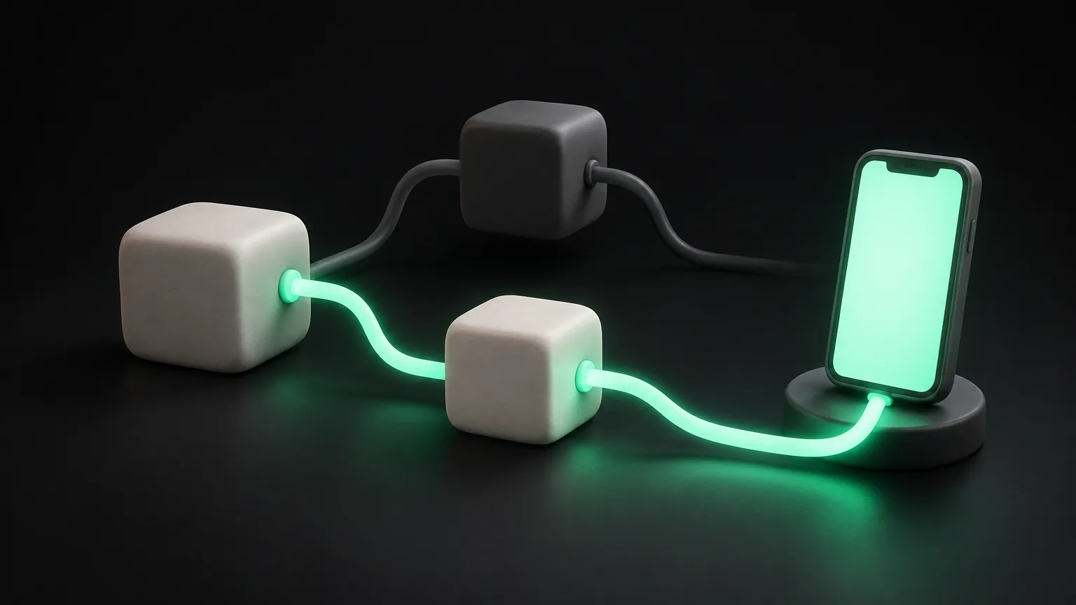A graph of rounded blocks joined by wires, the active path glowing green and ending in a phone.