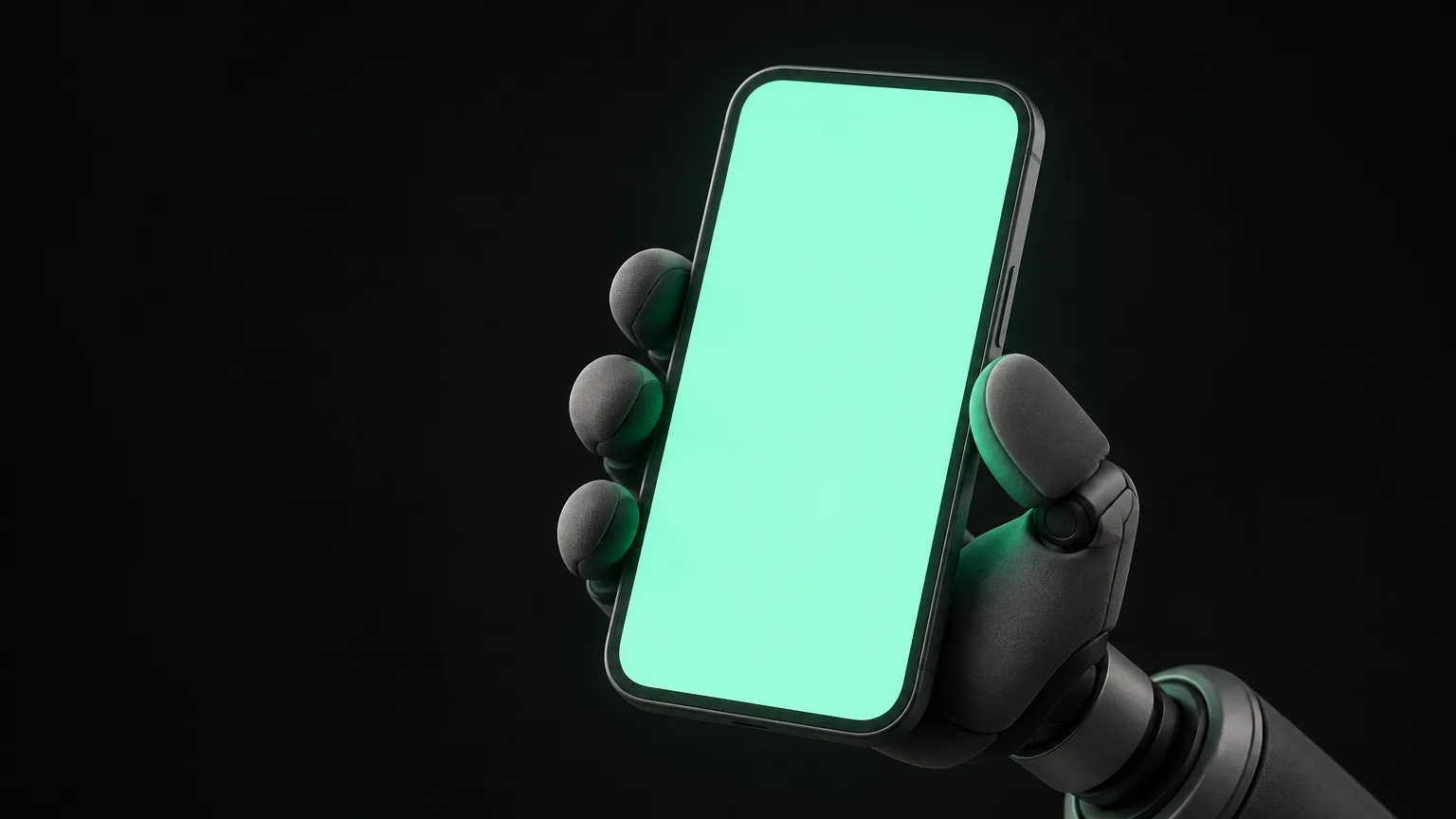 Una pequeña garra robótica sostiene con delicadeza un teléfono cuya pantalla brilla en verde.