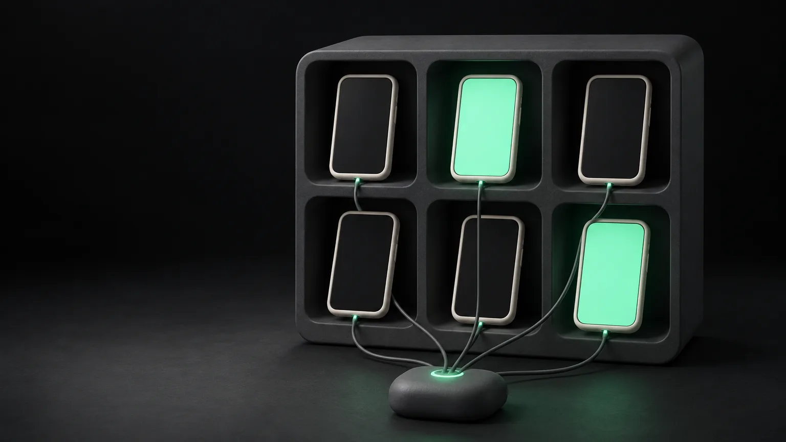 A shelf grid of identical phones, a few glowing green, joined by thin lines to a central hub.