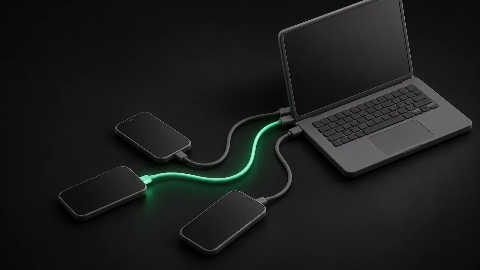 A tangle of thin cables linking several small phones to a laptop, one cable glowing green.