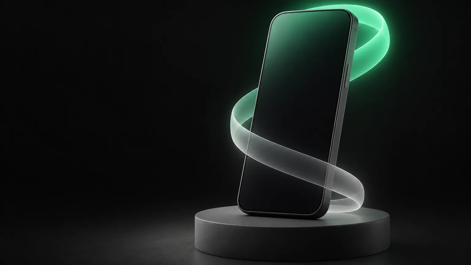 Un telefono avvolto da un bagliore che passa dal grigio freddo in basso al verde caldo in alto.