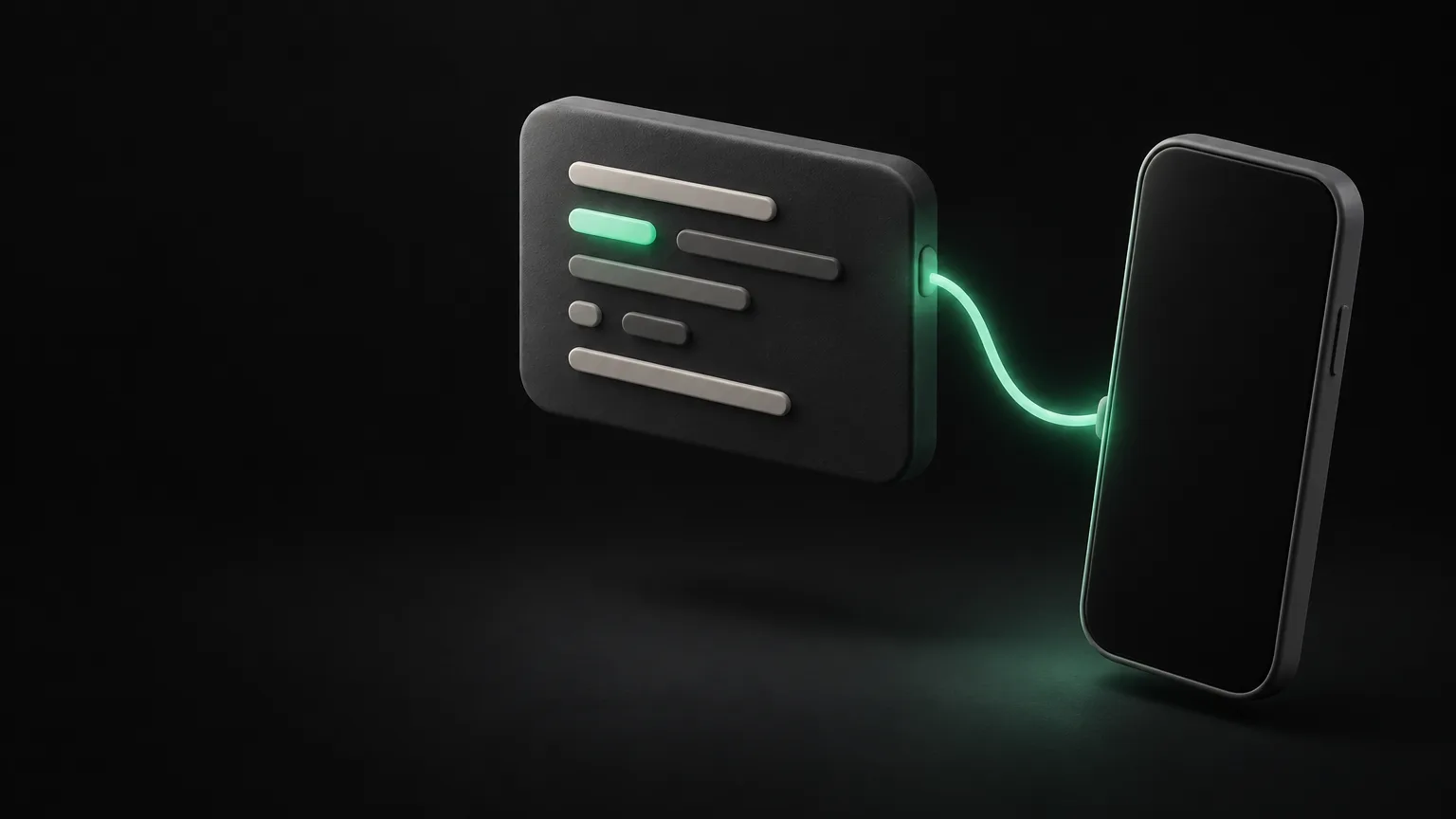 Une fenêtre de terminal flottante aux lignes de glyphes abstraites, reliée à un téléphone par un fil vert très fin.