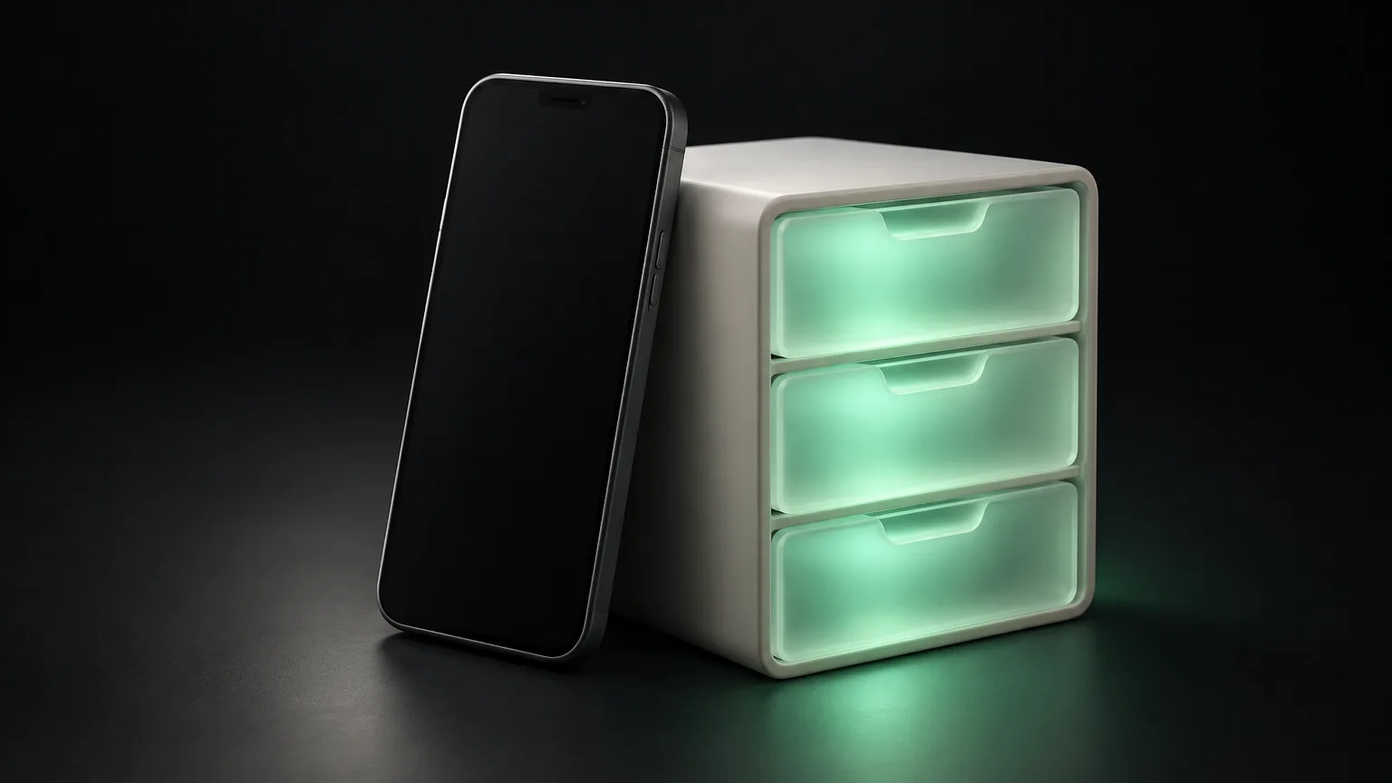 A phone beside a stack of translucent drawers lit from inside with green light.