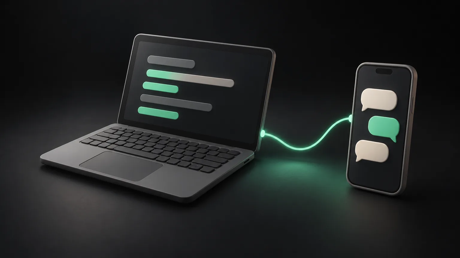 A laptop showing abstract code lines connected by a glowing green line to a phone full of chat bubbles.