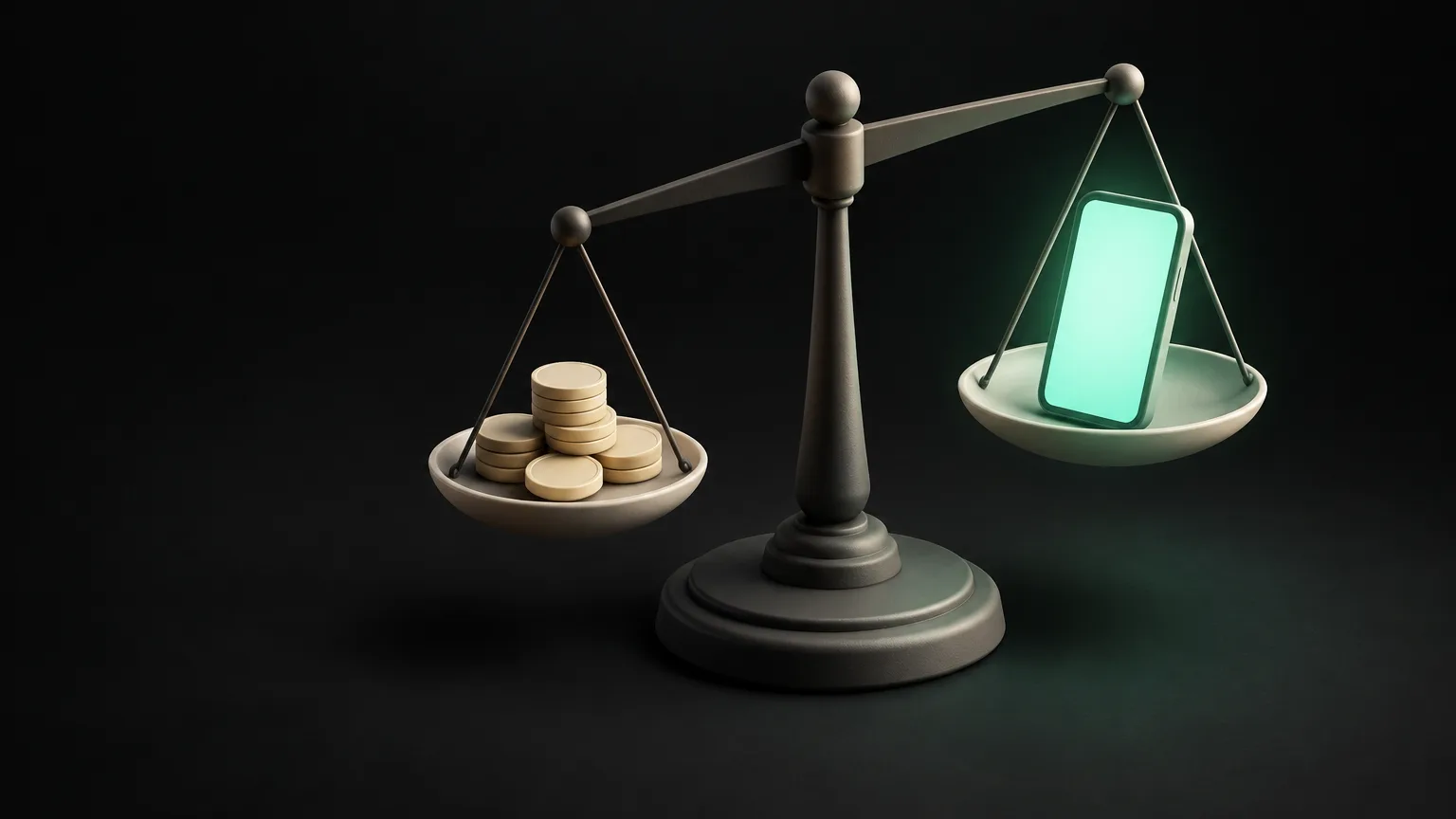 A balance scale with a pile of small coins on one side and a single phone glowing green on the other.