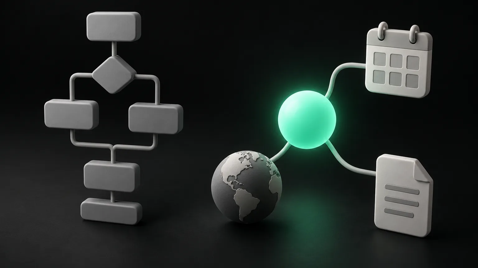 On the left a rigid flowchart of grey blocks; on the right a glowing green orb linked to a calendar, a globe and a document.