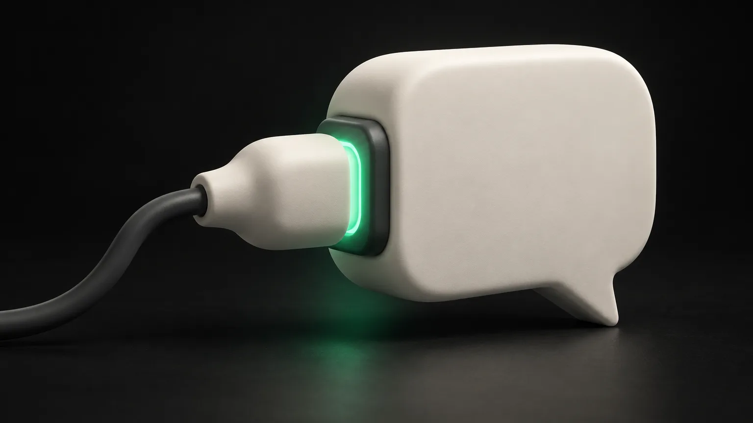 A plug and socket merging into a rounded chat bubble, a green glow where they meet.