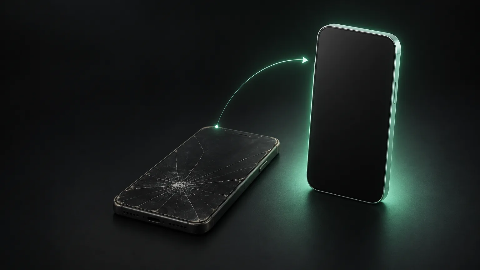 Ein mattes, gesprungenes Telefon liegt flach neben einem frischen, aufrechten Telefon, das grün leuchtet, dazwischen ein dünner grüner Bogen.