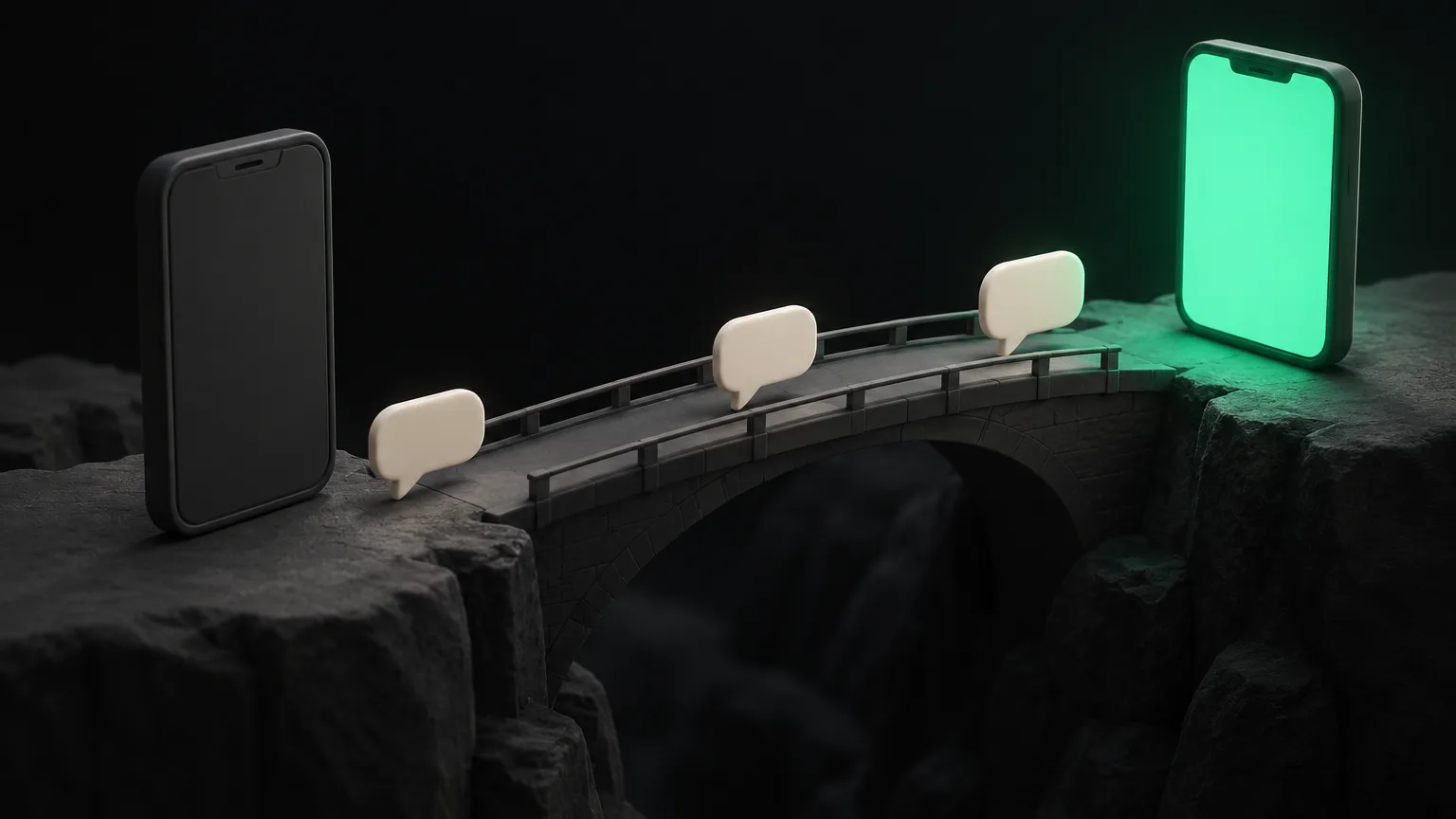 A line of chat bubbles crossing a narrow bridge from a dim phone to a bright green one.