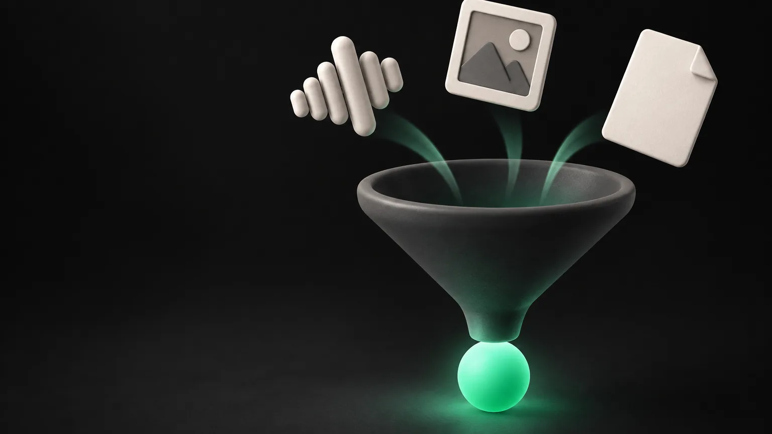 A sound wave, a photo frame and a document floating into a funnel toward a glowing green core.