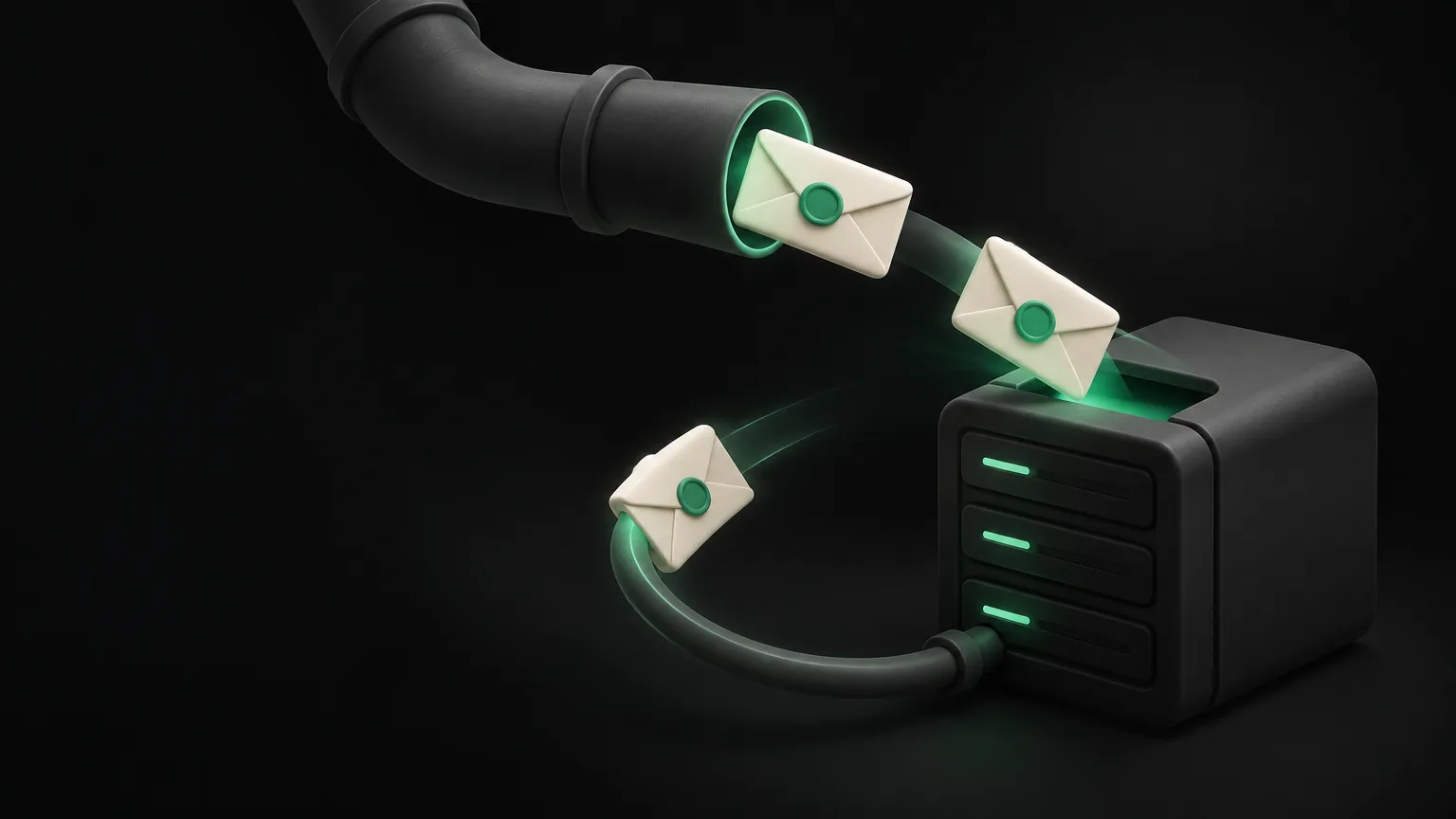 A pipe delivering envelopes sealed with green wax into a dark server block, one envelope looping back.