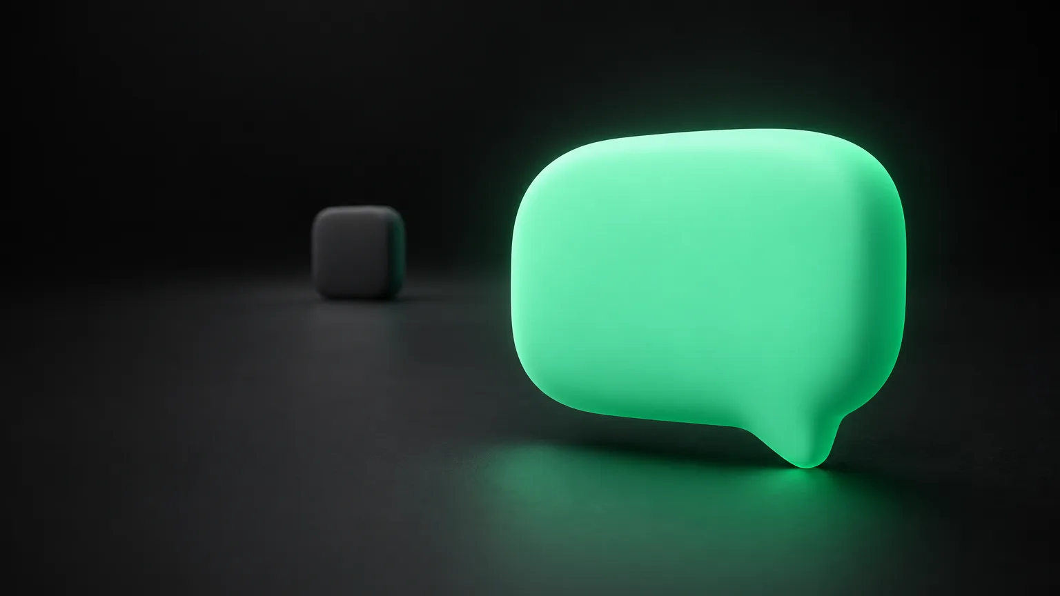 Il riquadro di un'app che si rimpicciolisce in lontananza mentre una grande nuvoletta di chat arrotondata brilla di verde in primo piano.