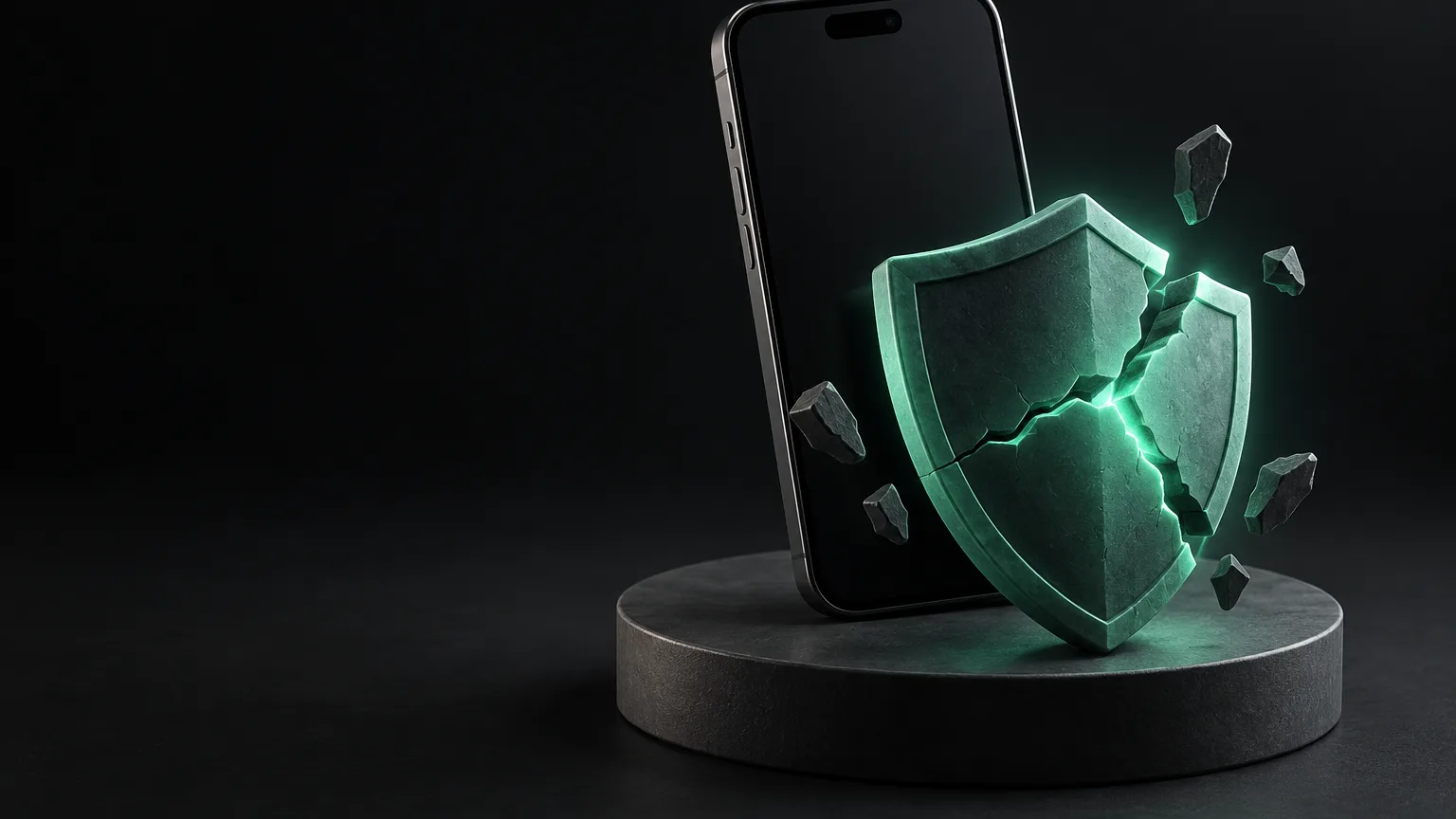 A smartphone on a pedestal behind a cracked green shield, small dark shards floating around it.