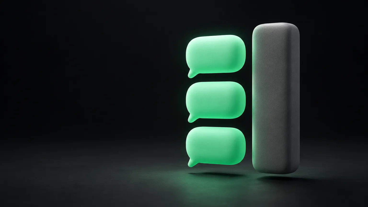 A rhythm of short chat bubbles stacked in a column, glowing green, next to one long grey block.